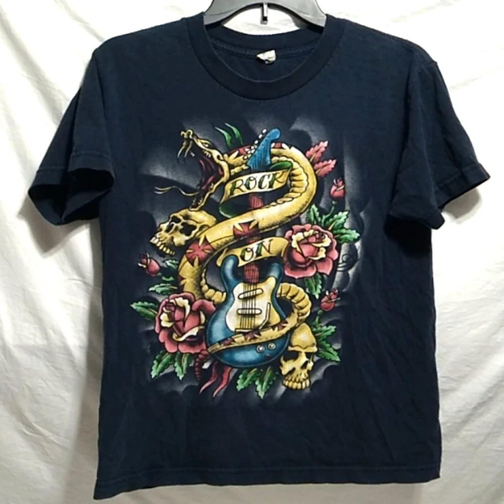 (BX80) SALE! RARE! Vintage 70's 707 Rock On Youth Medium Guitar Skull Rose Tee